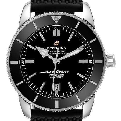 The Breitling Superocean AB202012-B1S1 Men's Stainless Steel Black Dial AB202012-B1S1 Men's Stainless Steel Black Dial watch is shown from a straight-on angle, highlighting the dial, bezel, and crown.