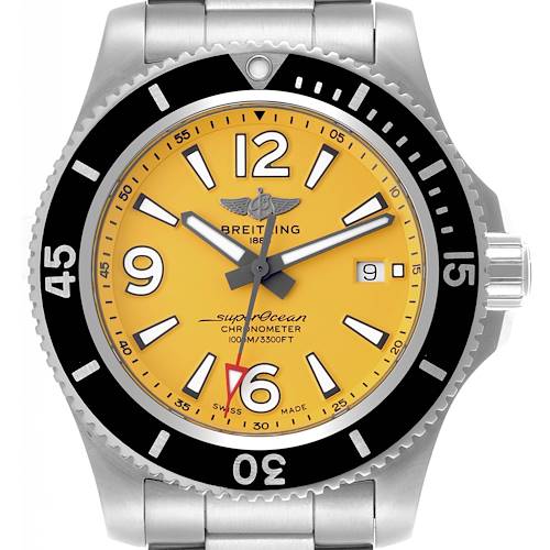 The Breitling Superocean A17367021I1A1 Men's Stainless Steel Yellow Dial A17367021I1A1 Men's Stainless Steel Yellow Dial watch is shown from the front, displaying its yellow dial, bezel, hands, numerals, and part of the bracelet.