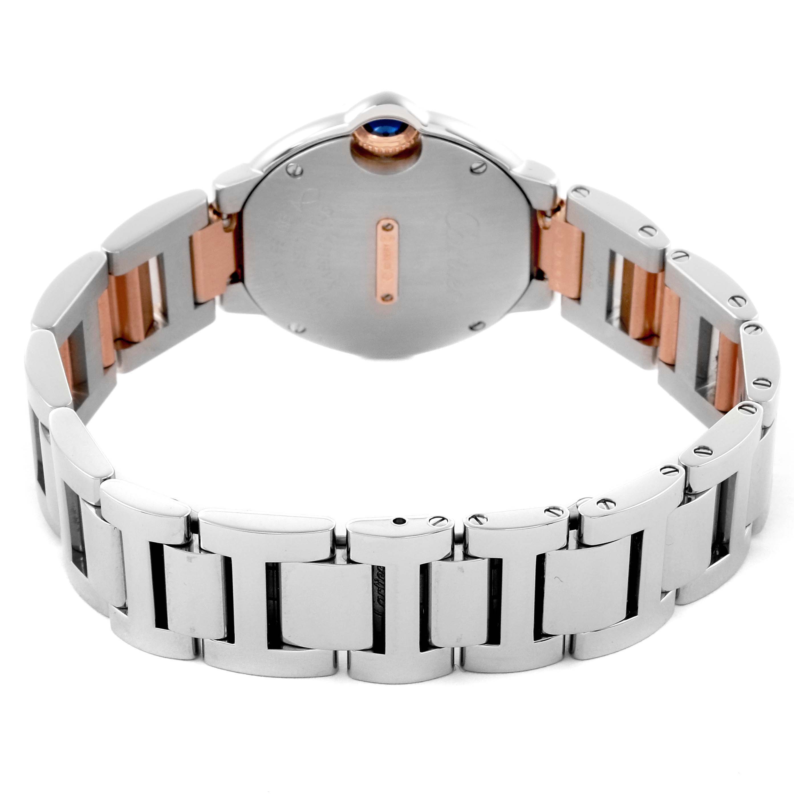 The image shows the back and bracelet of a Cartier Ballon Bleu W3BB0005 Women's Steel and Gold (two tone) Silver Dial W3BB0005 Women's Steel and Gold (two tone) Silver Dial watch, highlighting the clasp and integrated links.