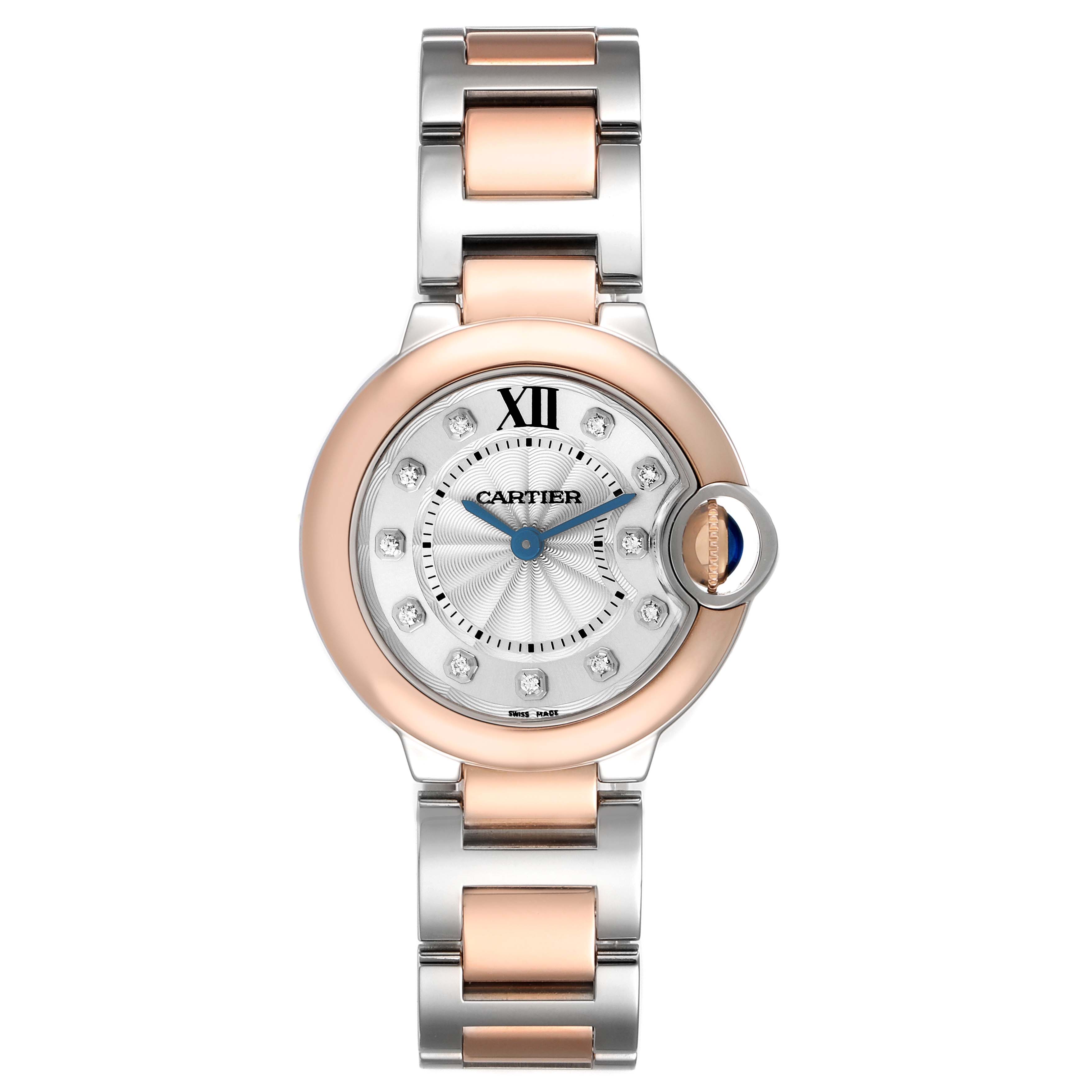 The Cartier Ballon Bleu W3BB0005 Women's Steel and Gold (two tone) Silver Dial W3BB0005 Women's Steel and Gold (two tone) Silver Dial watch is shown from the front, displaying its face and two-tone metal bracelet.