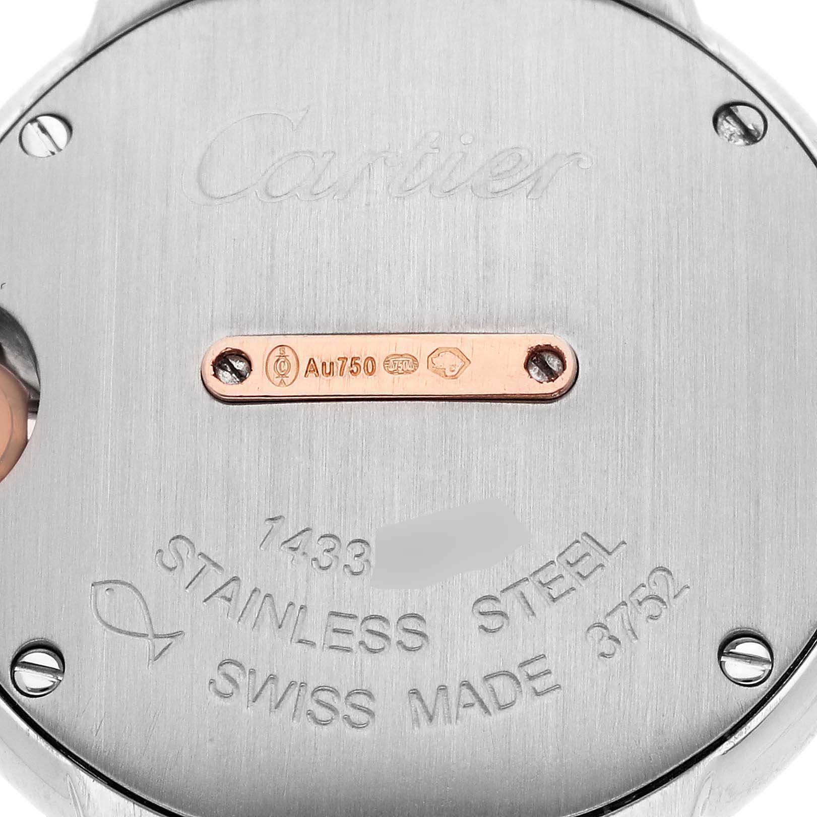 The image shows the back of a Cartier Ballon Bleu W3BB0005 Women's Steel and Gold (two tone) Silver Dial W3BB0005 Women's Steel and Gold (two tone) Silver Dial watch, highlighting its stainless steel case and inscriptions.