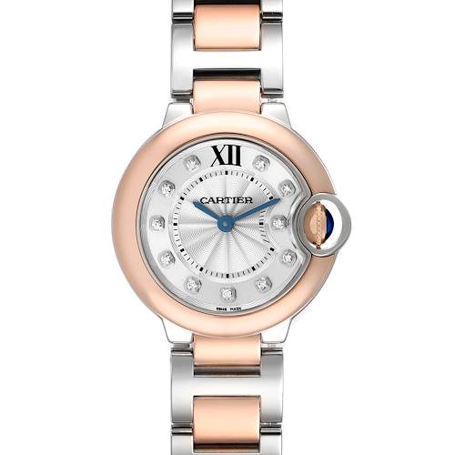 The Cartier Ballon Bleu W3BB0005 Women's Steel and Gold (two tone) Silver Dial W3BB0005 Women's Steel and Gold (two tone) Silver Dial watch is shown from a top-down angle, highlighting its dial, bezel, and bracelet.