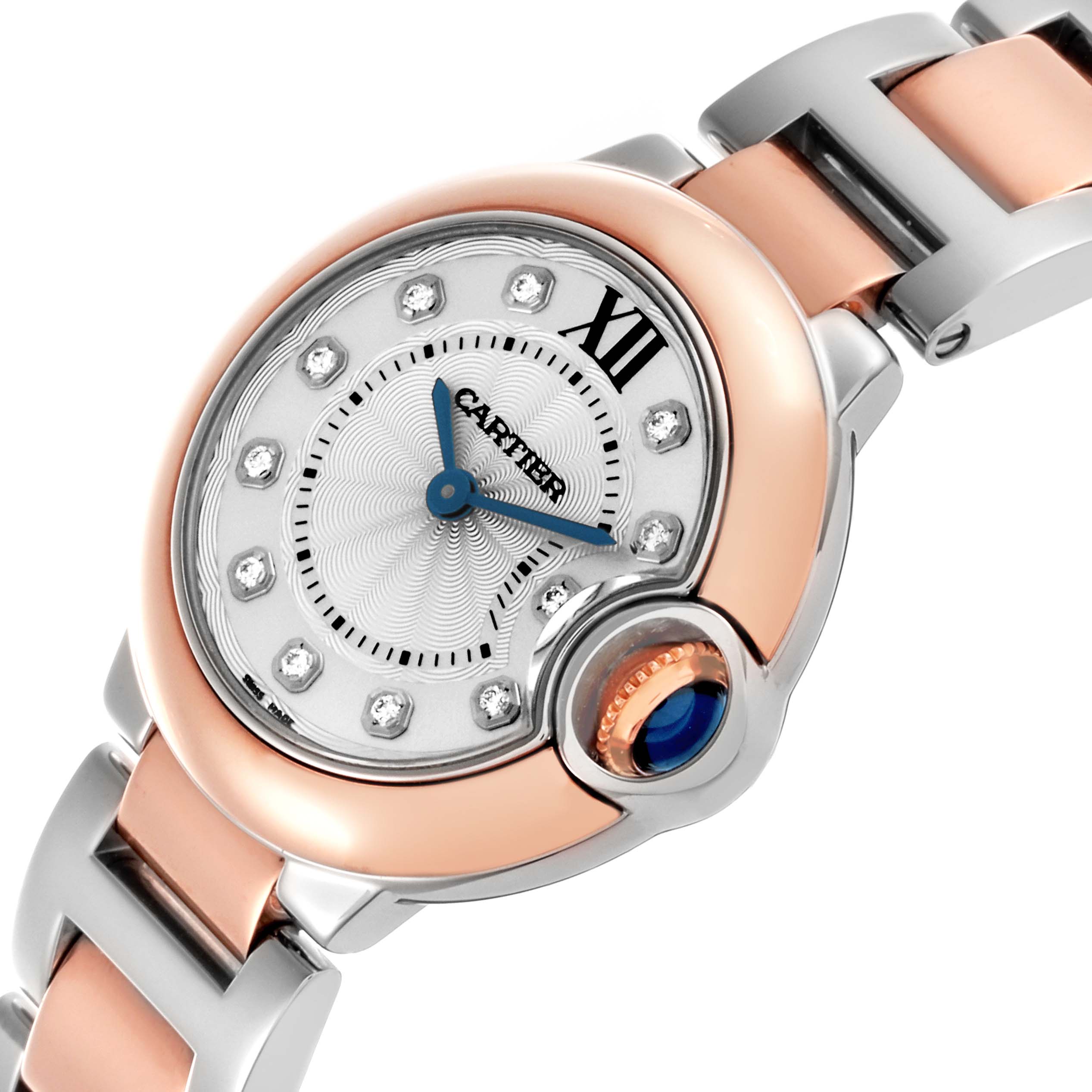 The image shows a close-up angled view of the Cartier Ballon Bleu W3BB0005 Women's Steel and Gold (two tone) Silver Dial W3BB0005 Women's Steel and Gold (two tone) Silver Dial watch, highlighting the dial, crown, and bracelet.