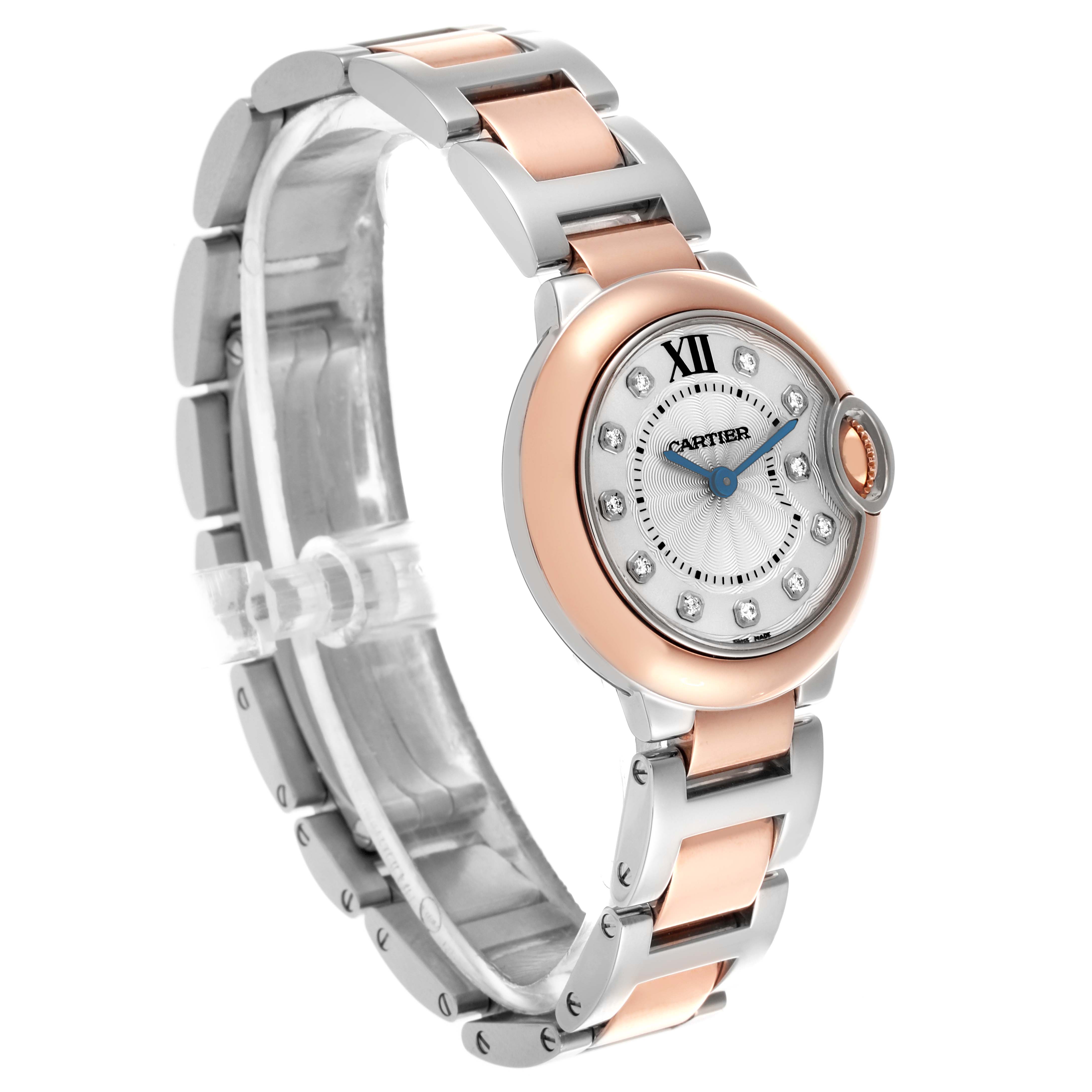 The Cartier Ballon Bleu W3BB0005 Women's Steel and Gold (two tone) Silver Dial W3BB0005 Women's Steel and Gold (two tone) Silver Dial watch is shown at an angled view, highlighting its round case, bracelet, and iconic crown.