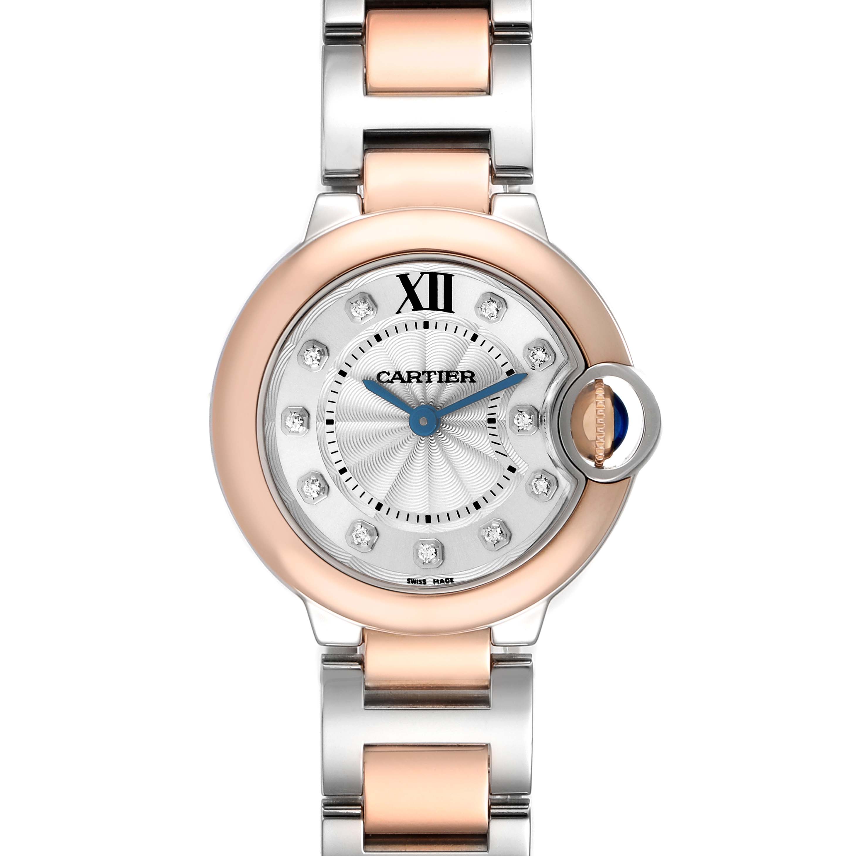 The Cartier Ballon Bleu W3BB0005 Women's Steel and Gold (two tone) Silver Dial W3BB0005 Women's Steel and Gold (two tone) Silver Dial watch is shown from a top view, displaying the face, Roman numeral hour markers, and bracelet.