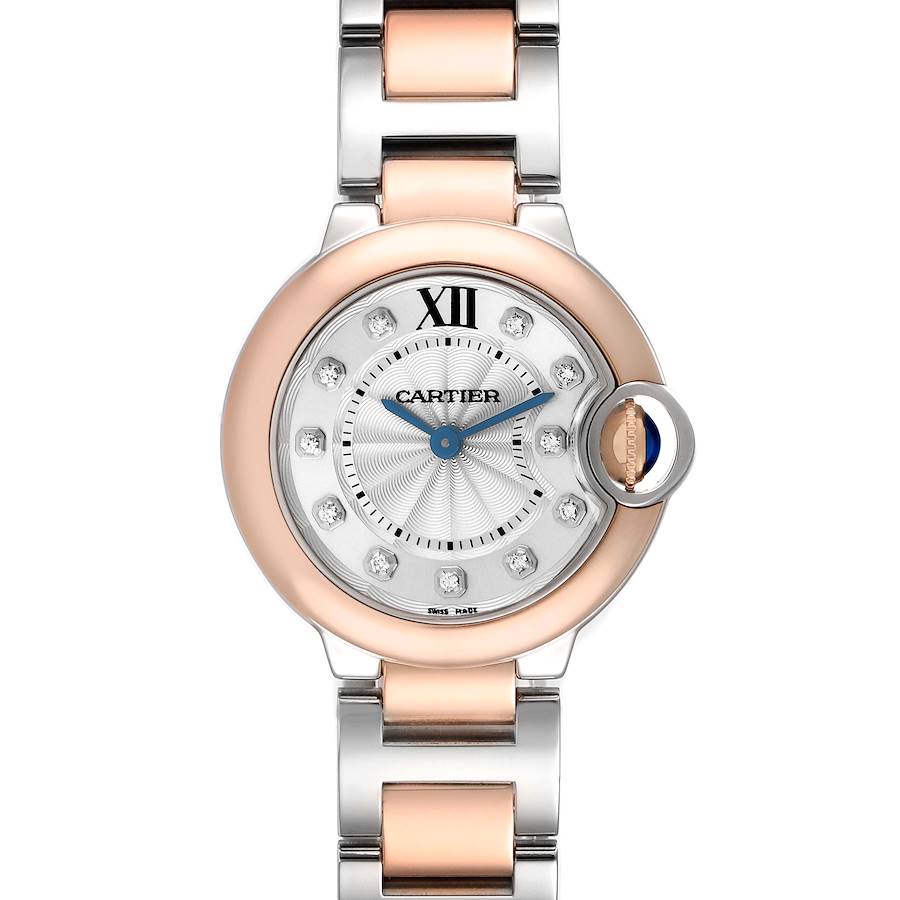 The Cartier Ballon Bleu W3BB0005 Women's Steel and Gold (two tone) Silver Dial W3BB0005 Women's Steel and Gold (two tone) Silver Dial watch is shown from a top view, displaying the face, Roman numeral hour markers, and bracelet.