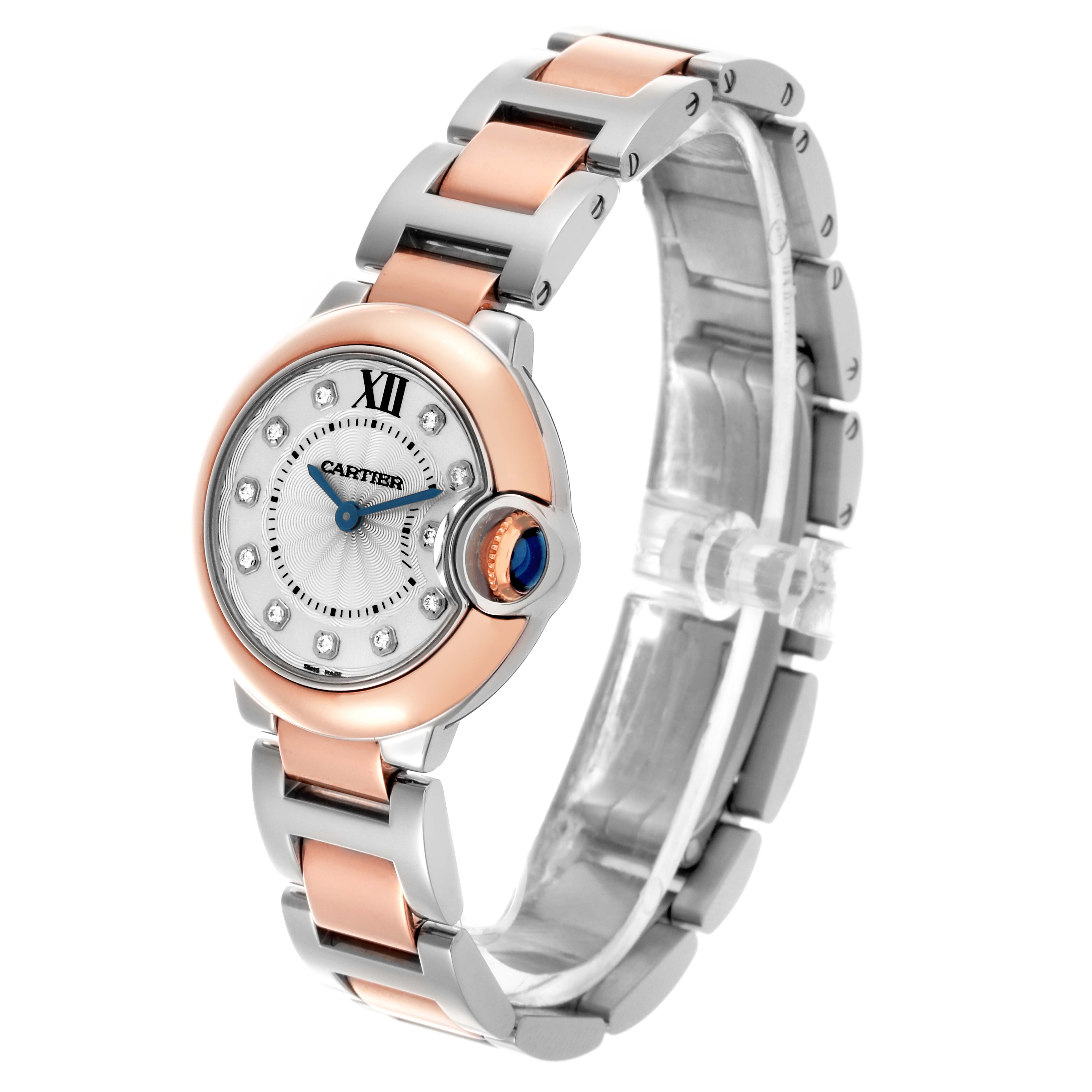 The Cartier Ballon Bleu W3BB0005 Women's Steel and Gold (two tone) Silver Dial W3BB0005 Women's Steel and Gold (two tone) Silver Dial watch is shown at a three-quarter angle, highlighting its round face, bezel, and metal bracelet.