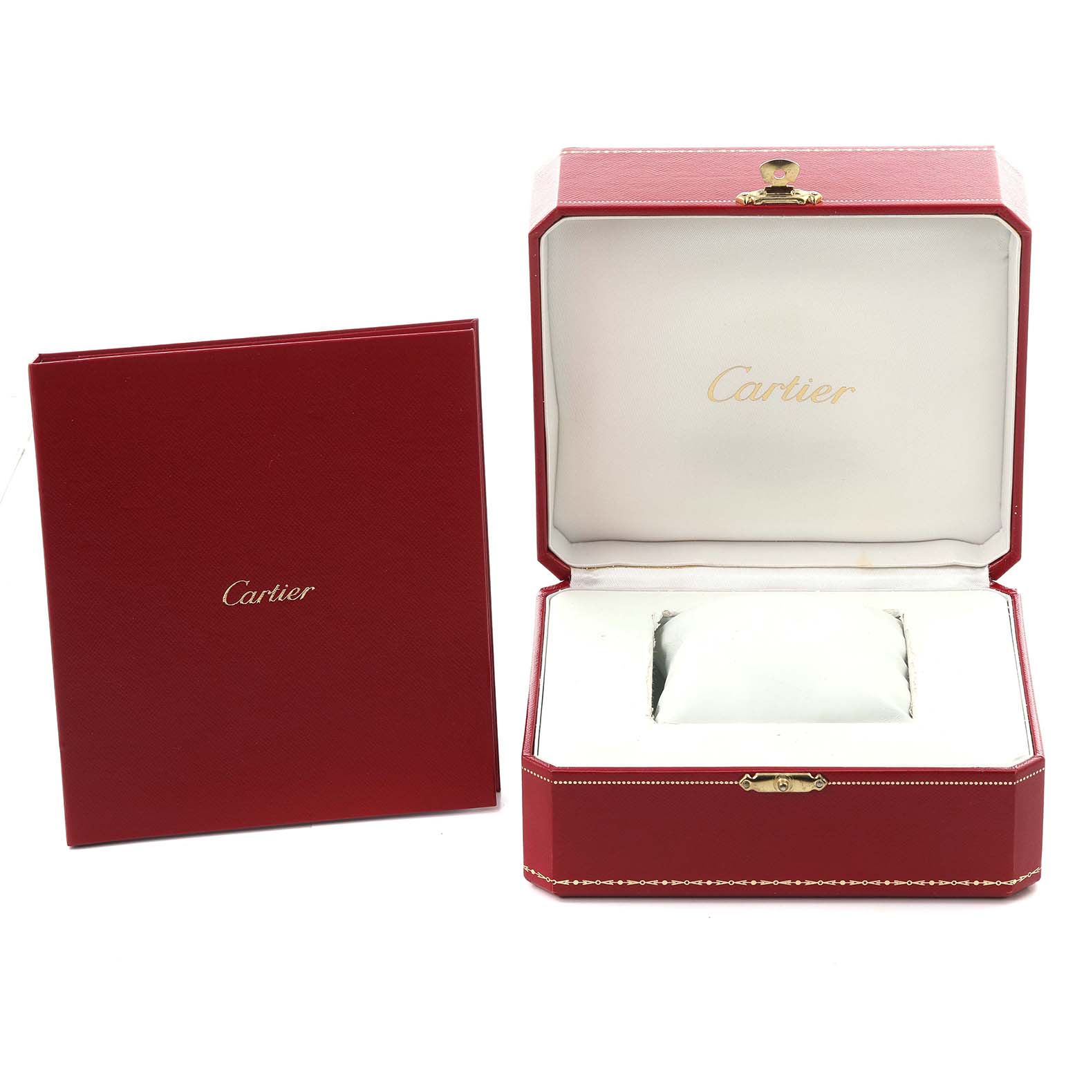 The image shows the red presentation box and booklet for a Cartier Ballon Bleu W3BB0005 Women's Steel and Gold (two tone) Silver Dial W3BB0005 Women's Steel and Gold (two tone) Silver Dial watch, both featuring the brand's logo.
