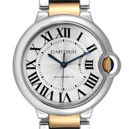 The image shows a front view of the Cartier Ballon Bleu W2BB0012 Women's Steel and Gold (two tone) Silver Dial W2BB0012 Women's Steel and Gold (two tone) Silver Dial watch, highlighting its face, hands, Roman numerals, and crown.
