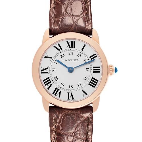 The Cartier Ronde W6701007 Women's Steel and Gold (two tone) Silver Dial W6701007 Women's Steel and Gold (two tone) Silver Dial watch is shown from a top-down angle, displaying the dial with Roman numerals, hands, and a leather strap.