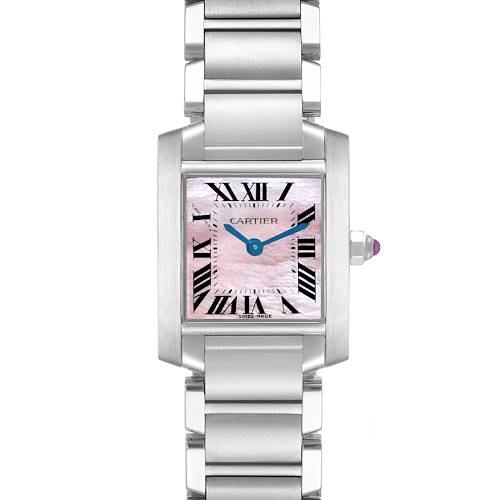 The Cartier Tank Francaise W51028Q3 Women's Stainless Steel Mother of Pearl Dial W51028Q3 Women's Stainless Steel Mother of Pearl Dial watch is shown from the front, highlighting the face, bezel, bracelet, and crown.