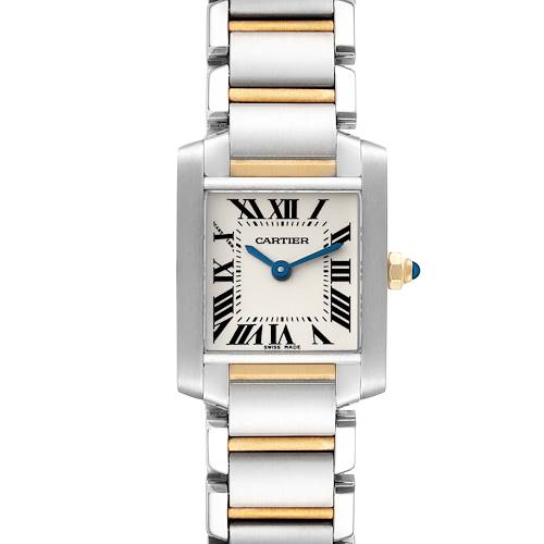The image shows a front view of a Cartier Tank Francaise W51007Q4 Women's Steel and Gold (two tone) Silver Dial W51007Q4 Women's Steel and Gold (two tone) Silver Dial watch, highlighting the face, strap, and crown.