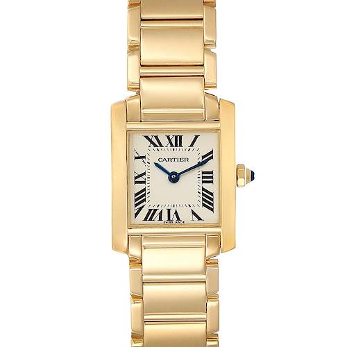 The image shows a frontal view of a Cartier Tank Française watch, displaying its face, band, and crown.