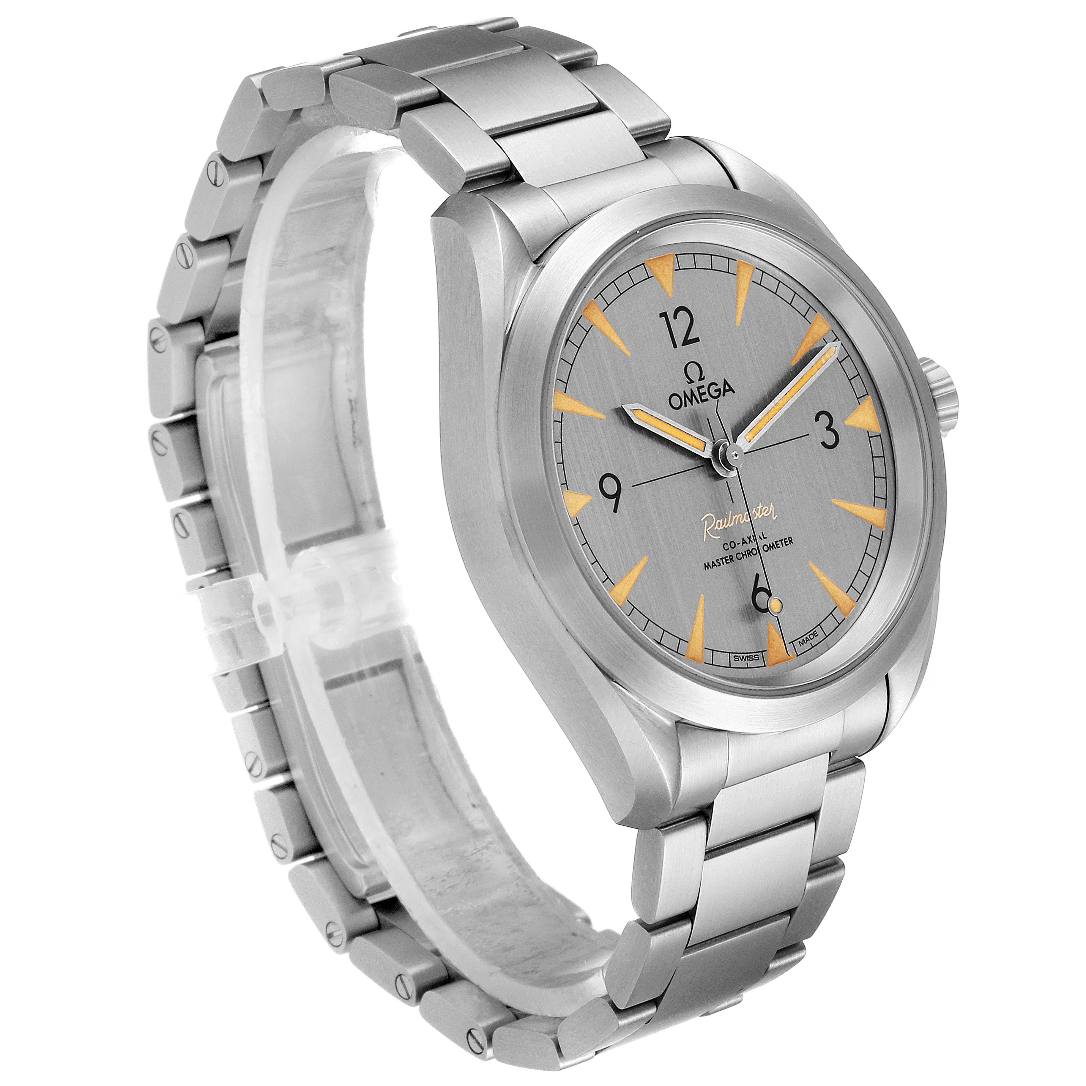 The Omega Seamaster 220.10.40.20.06.001 Men's Stainless Steel Grey Dial 220.10.40.20.06.001 Men's Stainless Steel Grey Dial watch is shown at a slight angle, displaying the face, bezel, crown, and stainless steel bracelet.