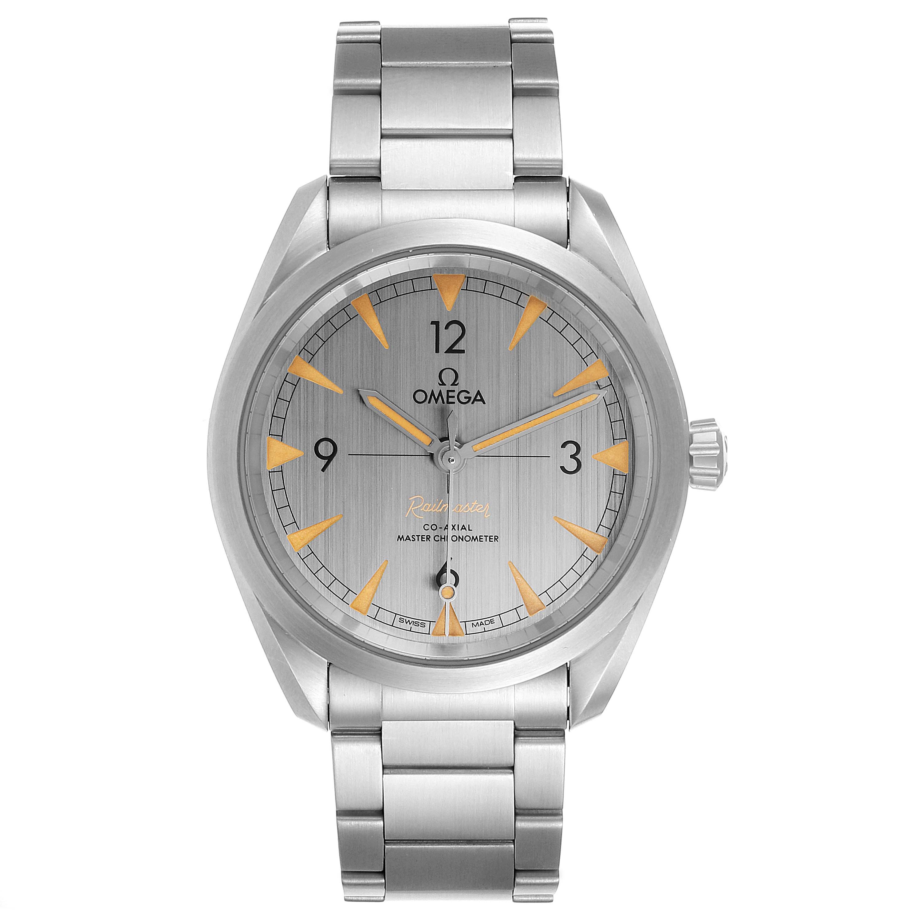 The image shows a front view of the Omega Seamaster 220.10.40.20.06.001 Men's Stainless Steel Grey Dial 220.10.40.20.06.001 Men's Stainless Steel Grey Dial watch, highlighting the dial, crown, and stainless steel bracelet.