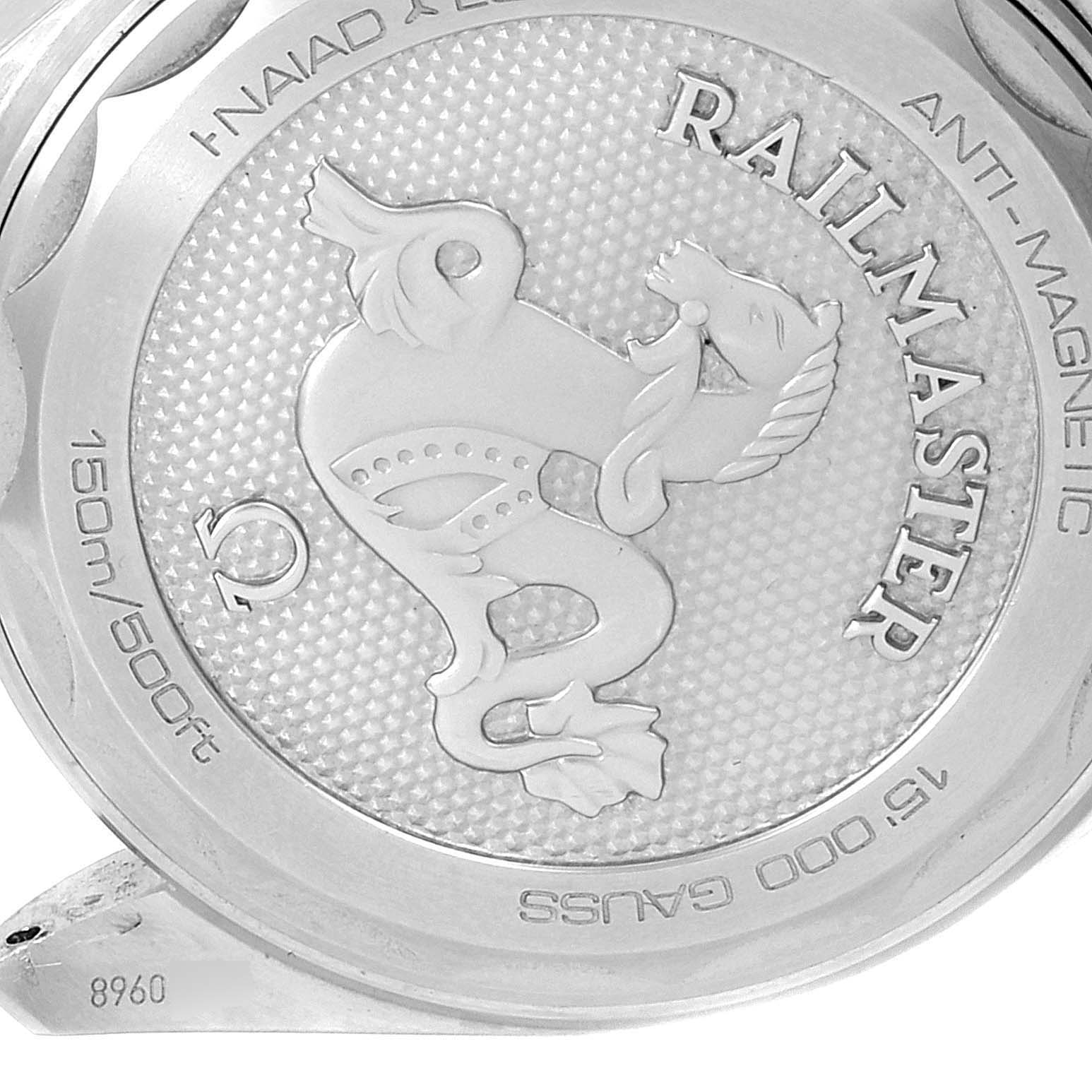 The image shows the back case of an Omega Seamaster 220.10.40.20.06.001 Men's Stainless Steel Grey Dial 220.10.40.20.06.001 Men's Stainless Steel Grey Dial Railmaster watch, highlighting the engraved hippocampus design and text.