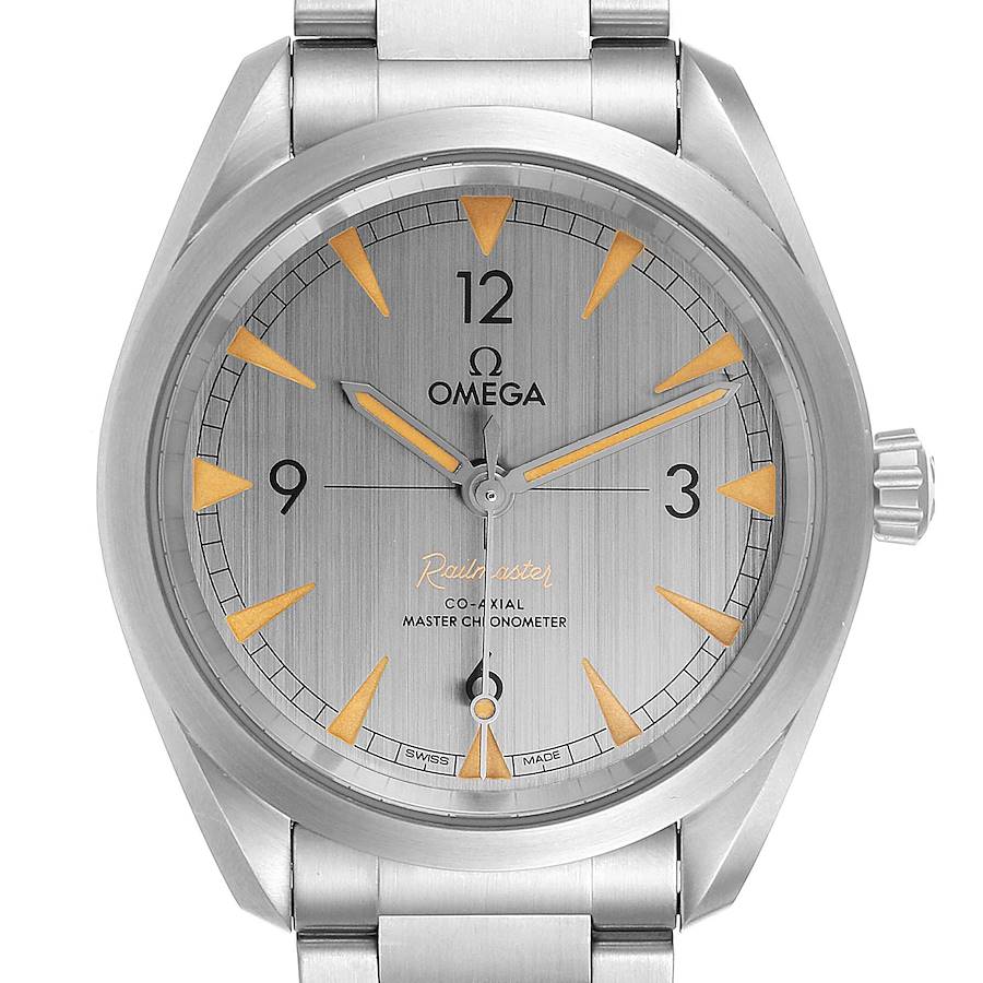 This is a front view of the Omega Seamaster 220.10.40.20.06.001 Men's Stainless Steel Grey Dial 220.10.40.20.06.001 Men's Stainless Steel Grey Dial watch, showing the face, hands, dial, and part of the stainless steel bracelet.