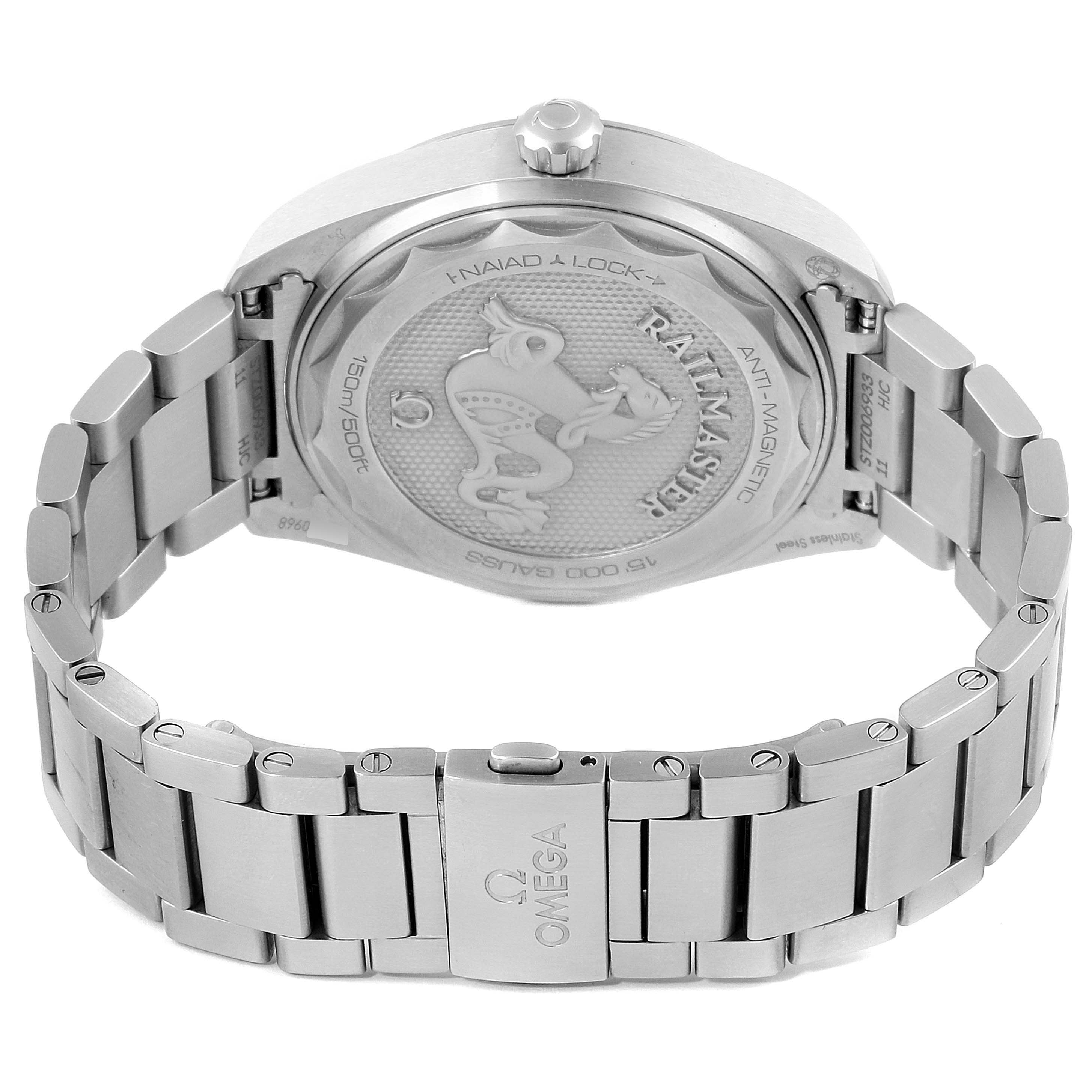 The image shows the rear view of an Omega Seamaster 220.10.40.20.06.001 Men's Stainless Steel Grey Dial 220.10.40.20.06.001 Men's Stainless Steel Grey Dial watch, focusing on the case back and stainless steel bracelet.