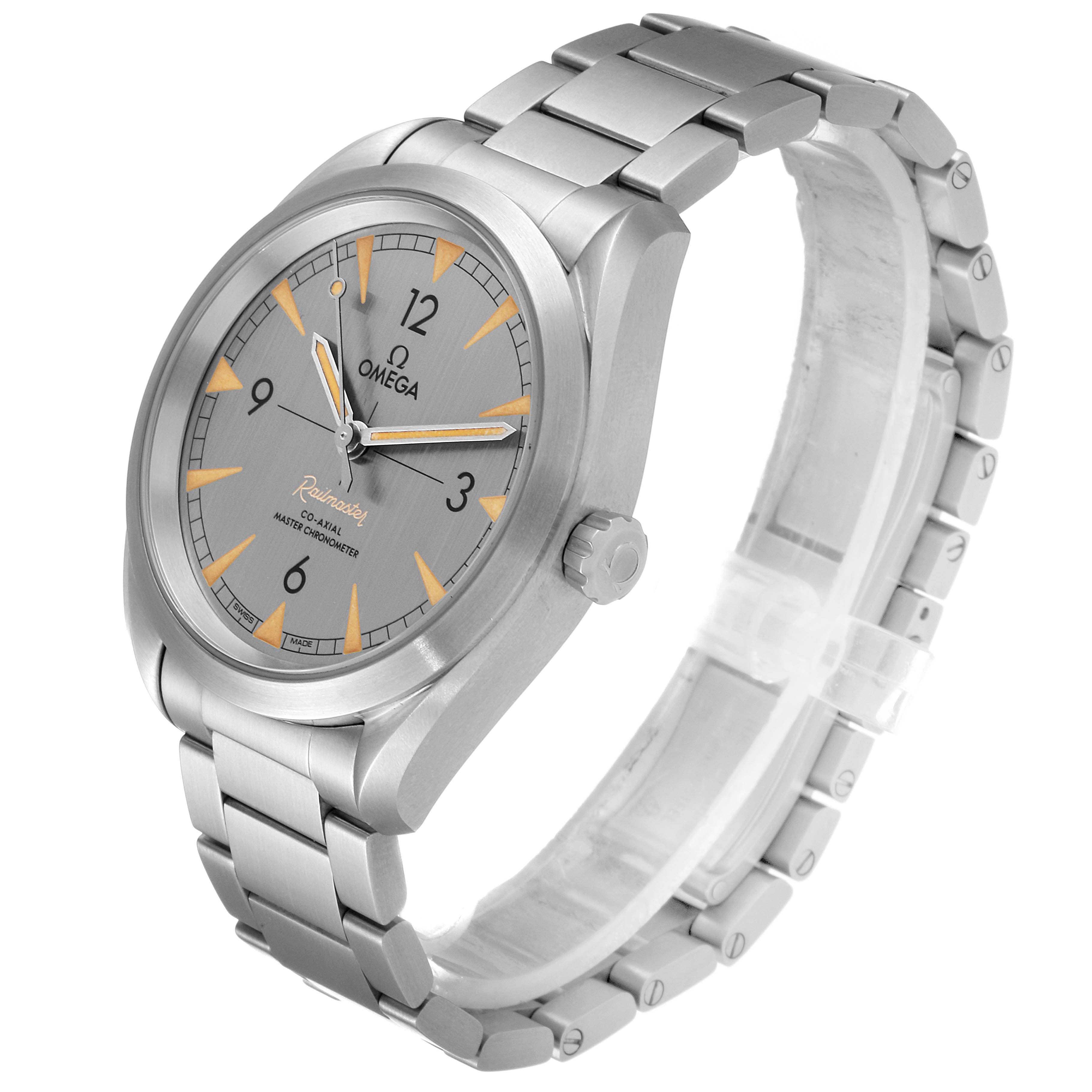 The Omega Seamaster 220.10.40.20.06.001 Men's Stainless Steel Grey Dial 220.10.40.20.06.001 Men's Stainless Steel Grey Dial watch is shown from an angled view, highlighting the face, bezel, crown, and stainless steel bracelet.