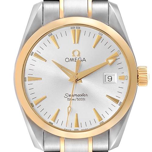This is a front view of the Omega Aqua Terra 2318.30.00 Men's Steel and Gold (two tone) Silver Dial 2318.30.00 Men's Steel and Gold (two tone) Silver Dial Seamaster watch showcasing the face, hands, date window, and bezel.