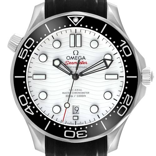 The Omega Seamaster 210.32.42.20.04.001 Men's Stainless Steel White Dial 210.32.42.20.04.001 Men's Stainless Steel White Dial watch is shown from the front, highlighting its dial, bezel, and crown.