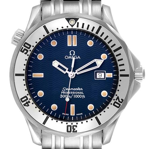 The Omega Seamaster 2542.80.00 Men's Stainless Steel Blue Dial 2542.80.00 Men's Stainless Steel Blue Dial is shown from the front, displaying the dial, hour markers, bezel, and part of the bracelet.