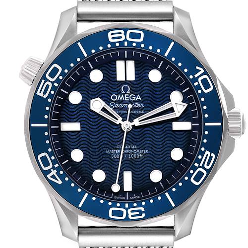 The image shows a front view of the Omega Seamaster 210.30.42.20.03.002 Men's Stainless Steel Blue Dial 210.30.42.20.03.002 Men's Stainless Steel Blue Dial, highlighting the dial, hands, bezel, and crown.