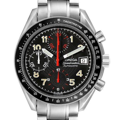 This image showcases the front view of an Omega Speedmaster 3513.53.00 Men's Stainless Steel Black Dial 3513.53.00 Men's Stainless Steel Black Dial watch, highlighting the dial, hands, pushers, and crown.