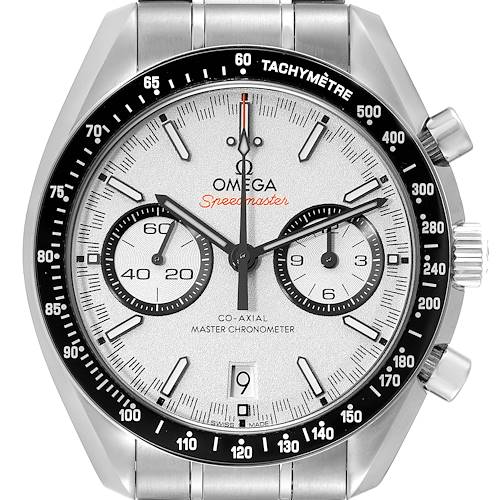 The image shows a front view of an Omega Speedmaster 329.30.44.51.04.001 Men's Stainless Steel Silver Dial 329.30.44.51.04.001 Men's Stainless Steel Silver Dial watch, highlighting the dial, subdials, hands, and tachymeter bezel.