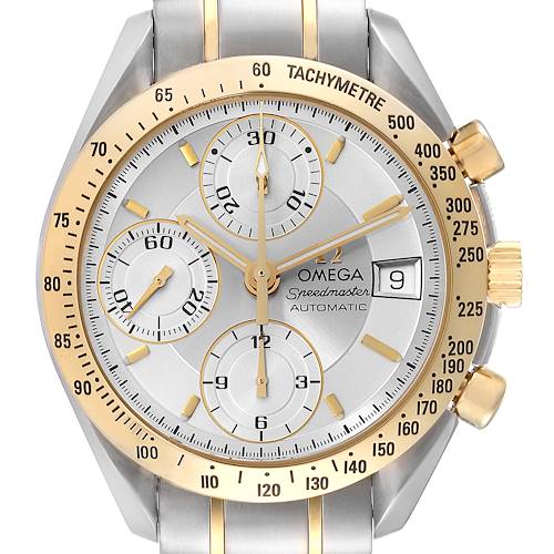 The image shows a frontal view of an Omega Speedmaster 3313.30.00 Men's Steel and Gold (two tone) Silver Dial 3313.30.00 Men's Steel and Gold (two tone) Silver Dial watch, highlighting the tachymeter, chronograph subdials, and date window.