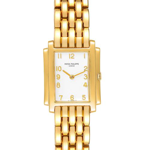 The image shows a front view of the Patek Philippe Gondolo 4824 Women's Yellow Gold White Dial 4824 Women's Yellow Gold White Dial watch, highlighting its gold-tone case, dial, and bracelet.