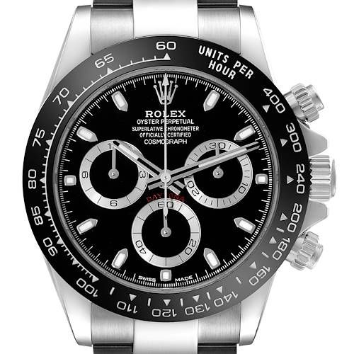 The image shows a front view of a Rolex Daytona 116500LN Men's Stainless Steel Black Dial 116500LN Men's Stainless Steel Black Dial watch, highlighting its black dial, chronograph sub-dials, and tachymeter bezel.