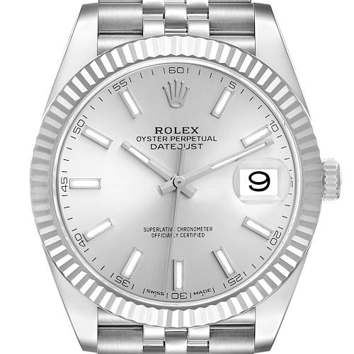 This image shows a close-up of the Rolex Datejust 41 126334 Men's Stainless Steel Silver Dial 126334 Men's Stainless Steel Silver Dial watch, highlighting its silver dial, bezel, and bracelet.