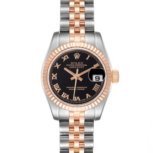 This image shows a front view of a Rolex Datejust 179171 Women's Rose Gold Black Dial 179171 Women's Rose Gold Black Dial watch with a two-tone bracelet and a black dial with Roman numerals.