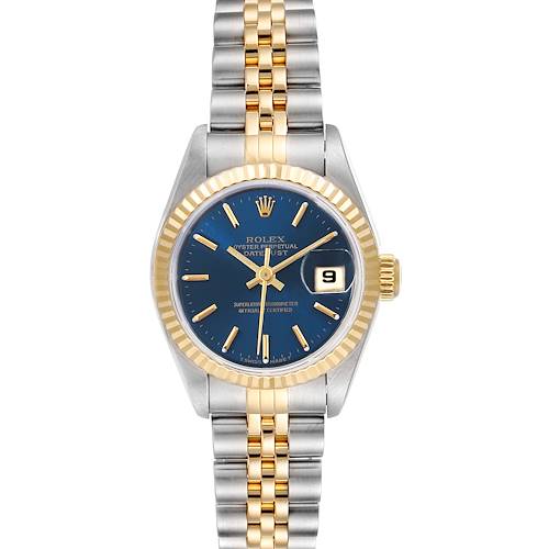 This Rolex Datejust 79173 Women's Steel and Gold (two tone) Blue Dial 79173 Women's Steel and Gold (two tone) Blue Dial watch is shown from the front, displaying its blue dial, fluted bezel, and two-tone Jubilee bracelet.