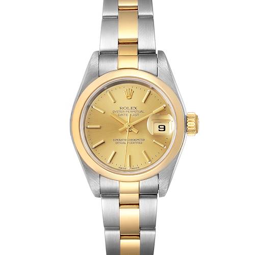 This image shows a front view of a Rolex Datejust 79163 Women's Steel and Gold (two tone) Champagne Dial 79163 Women's Steel and Gold (two tone) Champagne Dial watch with a gold dial, date display, and a two-tone metal bracelet.