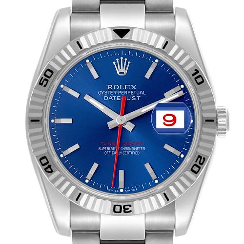 The image shows a front view of a Rolex Turn-o-Graph 116264 Men's Stainless Steel Blue Dial 116264 Men's Stainless Steel Blue Dial watch, highlighting its blue dial and silver bezel with markers.