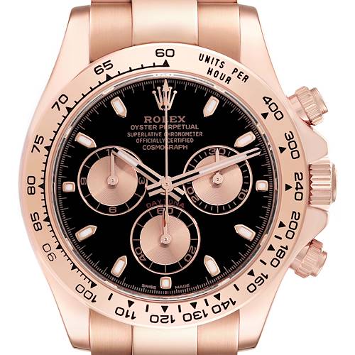 This image shows a front view of the Rolex Daytona 116505 Men's Rose Gold Black Dial 116505 Men's Rose Gold Black Dial model watch, highlighting the dial, bezel, and chronograph subdials.