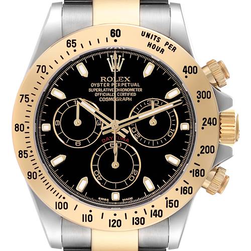 This image shows a frontal view of the Rolex Daytona 116523 Men's Steel and Gold (two tone) Black Dial 116523 Men's Steel and Gold (two tone) Black Dial watch, highlighting its dial, bezel, and pushers.