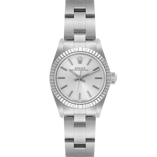 The Rolex Oyster Perpetual 67194 Women's Stainless Steel Silver Dial 67194 Women's Stainless Steel Silver Dial watch is shown from the front, displaying its dial, bezel, and stainless steel bracelet.