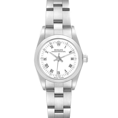 The Rolex Oyster Perpetual 24 Women's Stainless Steel White Dial 24 Women's Stainless Steel White Dial watch is shown from a top-down angle, highlighting its dial, bezel, and bracelet.