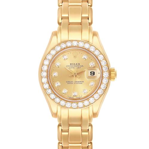 The Rolex Pearlmaster 69298 Women's Yellow Gold Champagne Dial 69298 Women's Yellow Gold Champagne Dial watch is shown from a front view, highlighting its diamond bezel, dial, and bracelet.