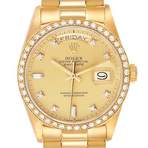 The image shows a Rolex President 18048 Men's Yellow Gold Champagne Dial 18048 Men's Yellow Gold Champagne Dial model watch face from the front, including the bezel, dial, day, date, and crown.