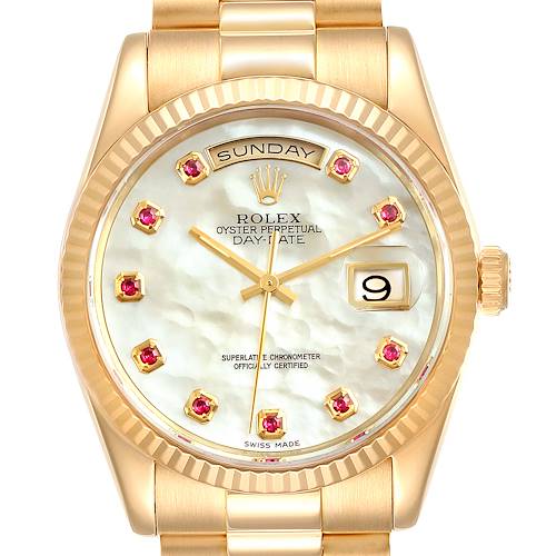 The Rolex President 118238 Men's Yellow Gold Mother of Pearl Dial 118238 Men's Yellow Gold Mother of Pearl Dial model is shown from the front, displaying the face, bezel, day, date, and part of the bracelet.