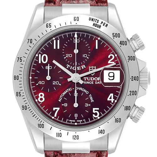 The Tudor Tiger 79280P Men's Stainless Steel Red Dial 79280P Men's Stainless Steel Red Dial watch is shown from the front, highlighting the dial, bezel, crown, and pushers with a leather strap.