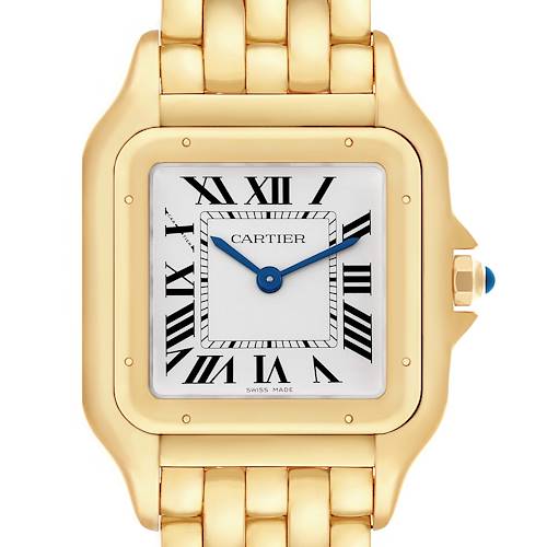 The image shows a front view of the Cartier Panthère watch, highlighting the gold case, Roman numeral dial, and blue hands.