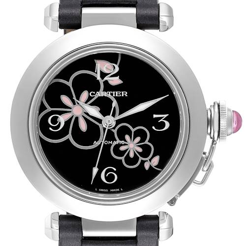 This image shows a front view of the Cartier Pasha W3109699 Women's Stainless Steel Black Dial W3109699 Women's Stainless Steel Black Dial model watch, highlighting its floral dial design and crown with a gemstone.