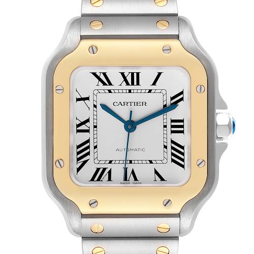 The Cartier Santos W2SA0007 Men's Steel and Gold (two tone) Silver Dial W2SA0007 Men's Steel and Gold (two tone) Silver Dial watch is shown from the front, highlighting its face, bezel, and part of the bracelet.