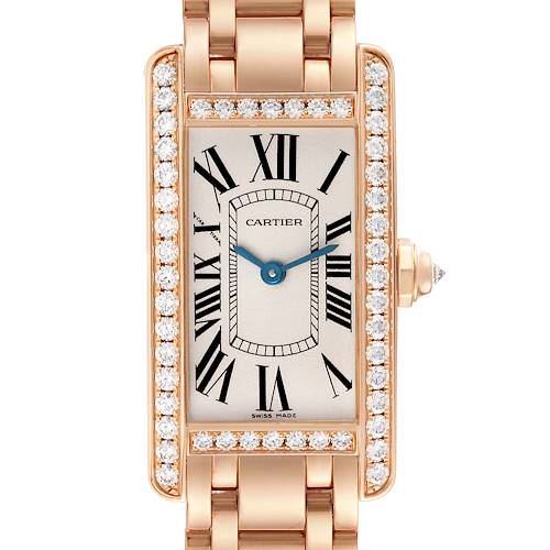 The Cartier Tank Americaine WB7079M5 Women's Rose Gold Silver Dial WB7079M5 Women's Rose Gold Silver Dial watch is shown from the front, highlighting the dial, bezel, and part of the bracelet.