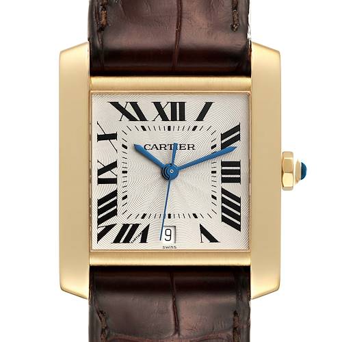 This is a front view of a Cartier Tank Francaise W5000156 Men's Yellow Gold Silver Dial W5000156 Men's Yellow Gold Silver Dial watch, showing the dial, Roman numerals, and part of the brown leather strap.